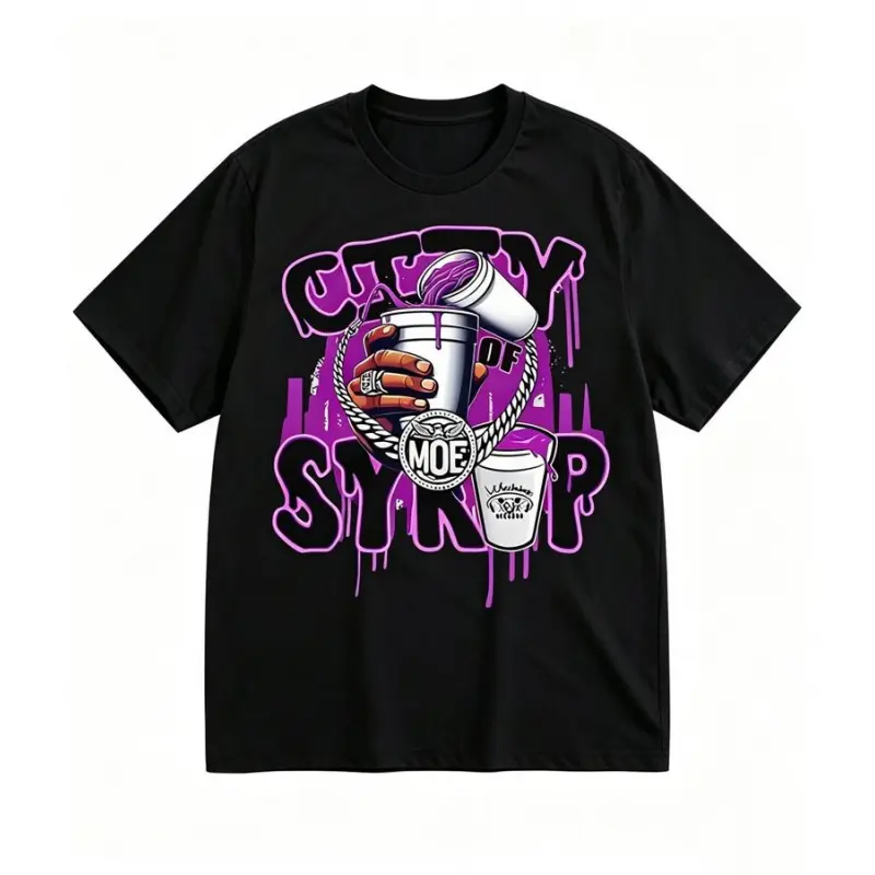 Men's Casual Fit Streetwear CITY OF SYRUP Print Short Sleeve T-Shirt - Menswear Top, Breathable Soft Durable Fabric, Classic Round Neck, Shortsleeve, Tshirt