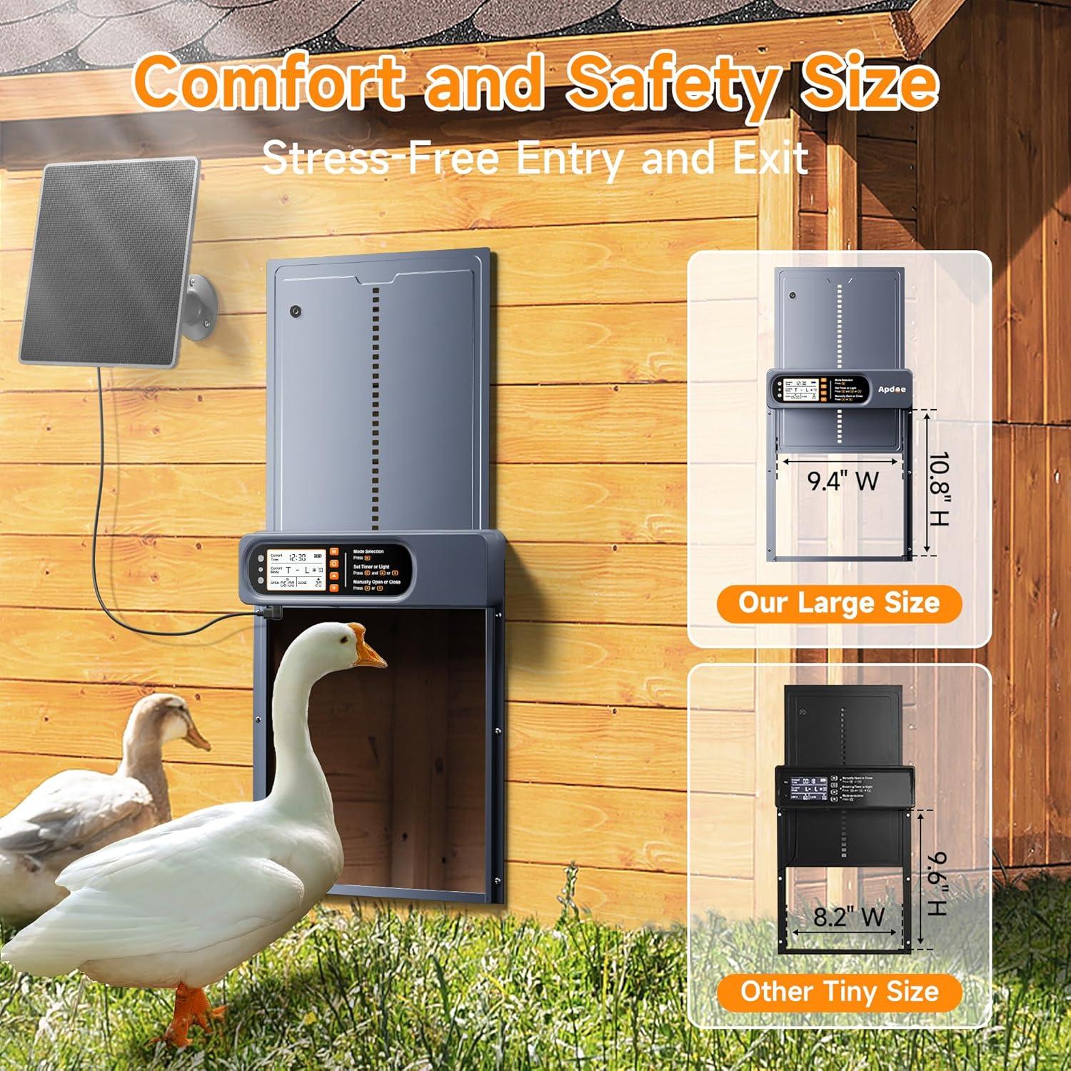 Automatic Chicken Coop Door Solar with Timer, Light Sensor, Remote Control, Large Size, 4 Open Modes, Anti-Pinch, Weather Proof, Aluminum Coop Door, LCD Screen, Comfort Larger Size Automatic Chicken Coop Door Solar with Timer, Light Sensor, Remote Control, Large Size, 4 Open Modes, Anti-Pinch, Weather Proof, Aluminum Coop Door, LCD Screen, Comfort Larger Size