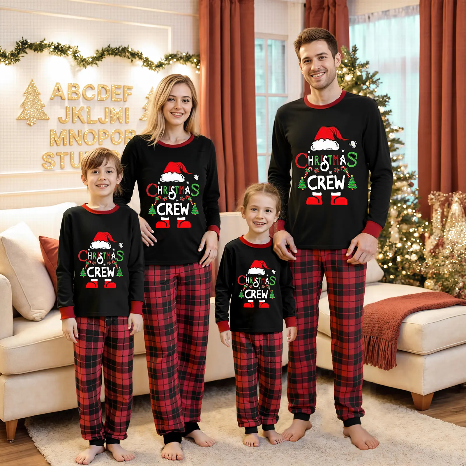 Matching Family Christmas Pajamas Set Santa Claus Print Long Sleeve Tops and Plaid Pants Sleepwear Soft Xmas Jammies