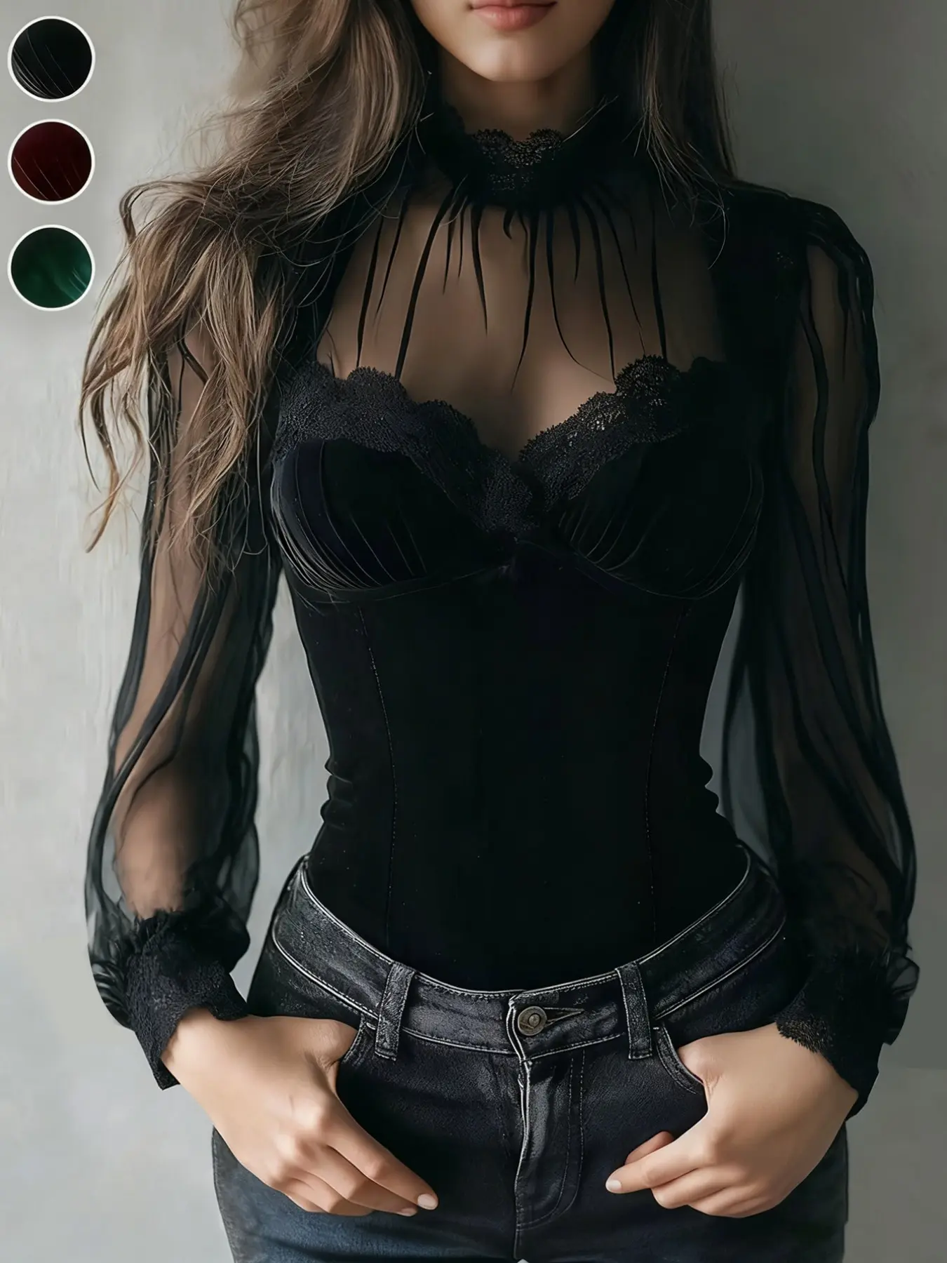 French Style Feather High Neck Mesh Long Sleeve Blouse, Lace Trim Velvet Waist Cinch Shaping Tight Fitted Top, Multicolor Upper Garment