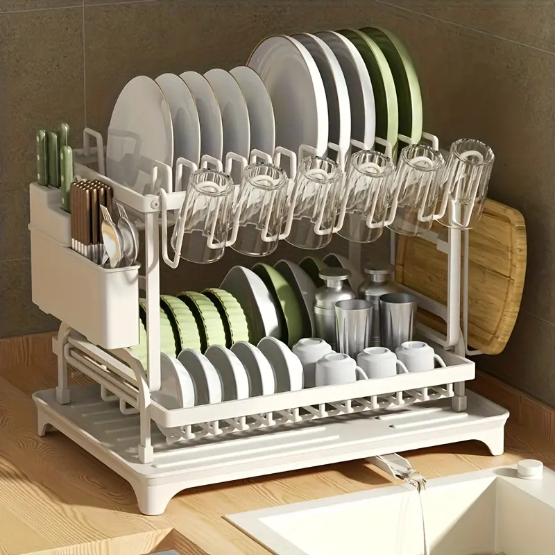 1pc  double-layer carbon steel dish rack, multi-purpose kitchen counter storage box, 2 models to choose from, with drain board, cup holder and cutlery trough, rust proof design, home kitchen, Christmas gift, housewarming gift, new home decoration