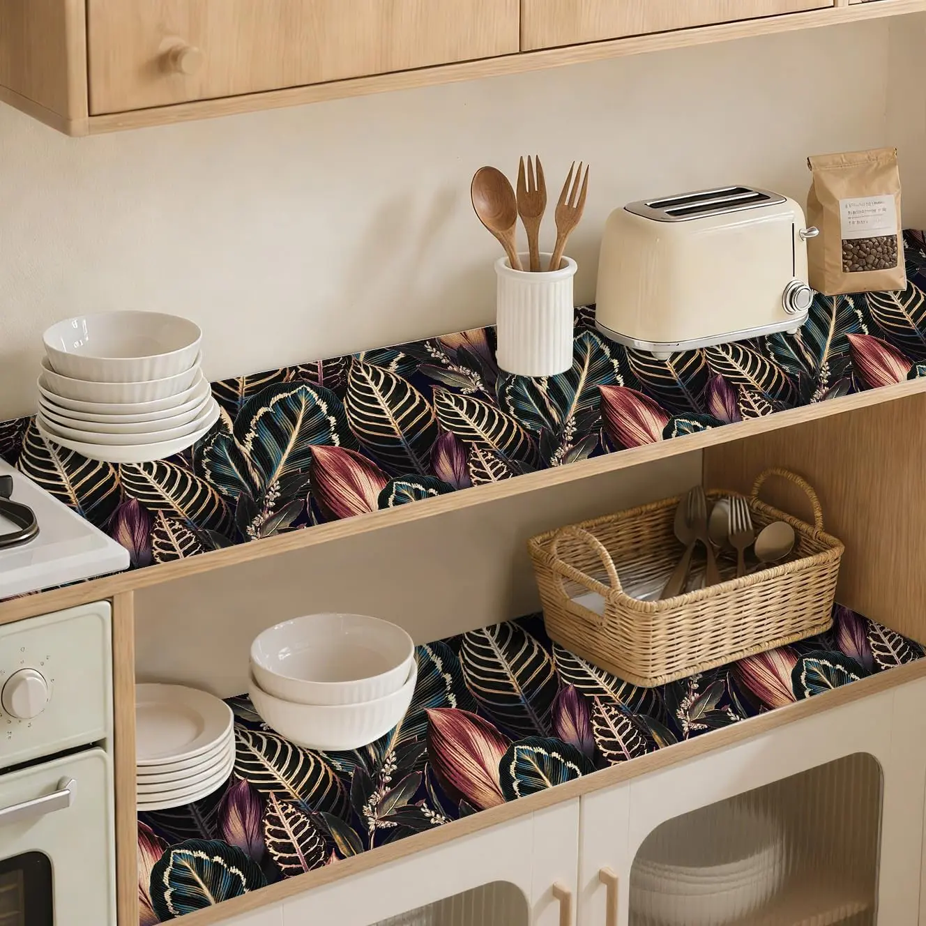 Shelf Liner for Kitchen Self Adhesive Drawer and Cabinet Liner | Non Slip Botanical Contact Paper  Countertop Cupboard Dresser Liners, 17.7 x 78.7 in