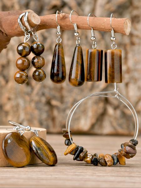 Natural Tiger Eye Stone Earrings Set, 5 Pairs Elegant Water Drop Design, Autumn Natural Stone Ear Studs, Precious Jewelry Gift, Natural Crystal Jewelry