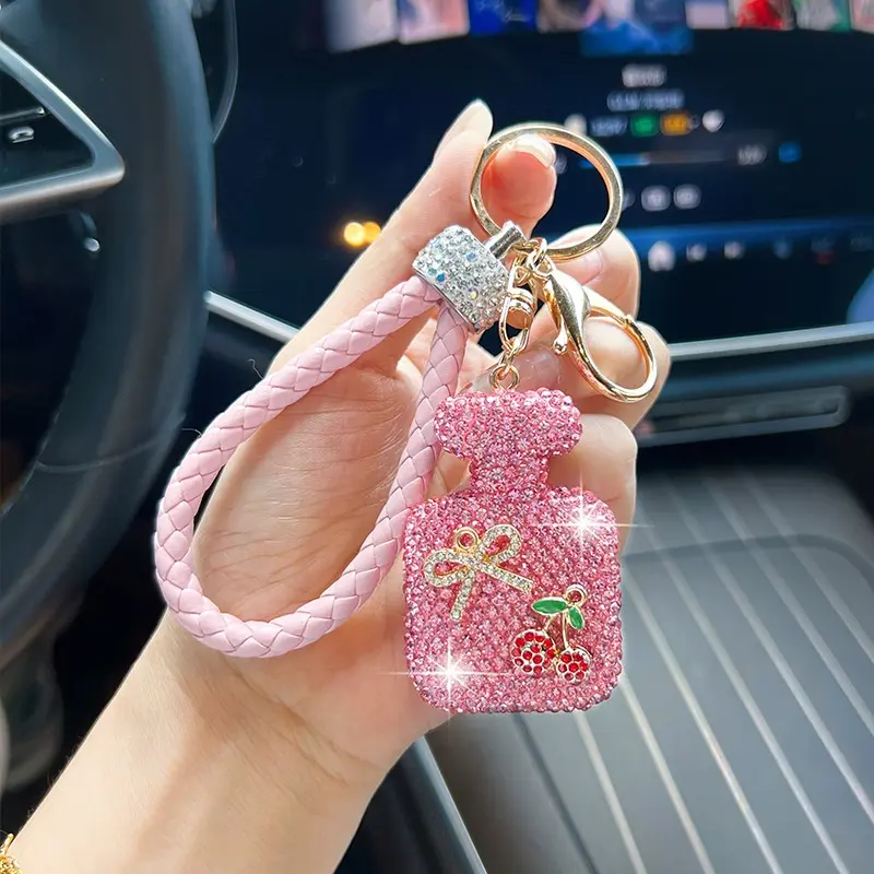 Creative Rhinestone Bowknot Perfume Bottle Keychain, Elegant Pearl Chain Bag Charm, Stylish Car Key Ring, Unique Accessory Gift, Keychain Charms, Sparkling Keychain