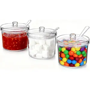 Acrylic Set of 3 Condiment Container Seasoning Box Spice Container with Lids and Spoons for Kithchen Gourmet Organizer for Home