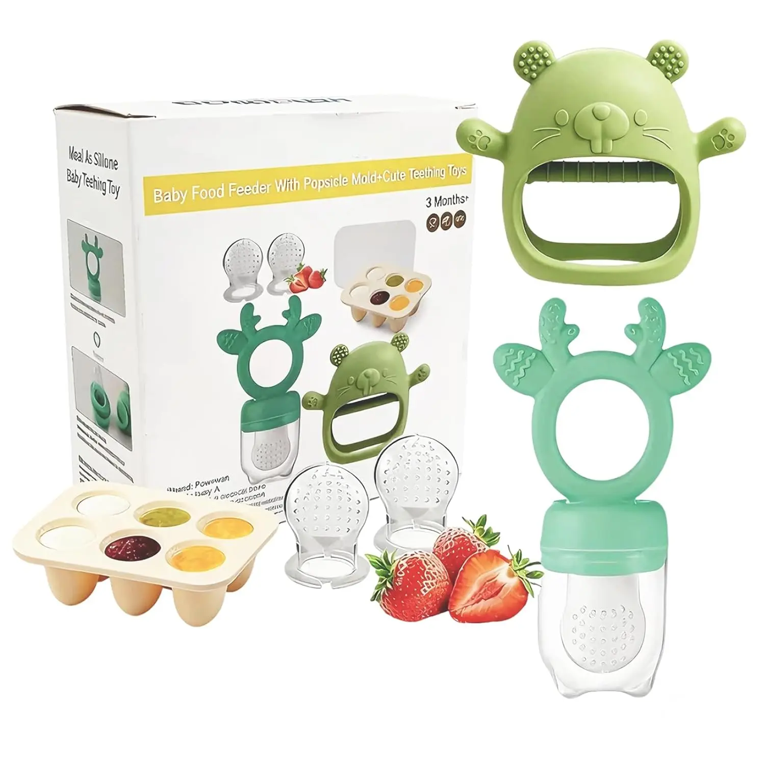 Baby Fruit Feeder with Popsicle Mold Cute Teething Toys Silicone Teethers  Babies 3-12 Months  Baby Feeding Gift (GreenB)