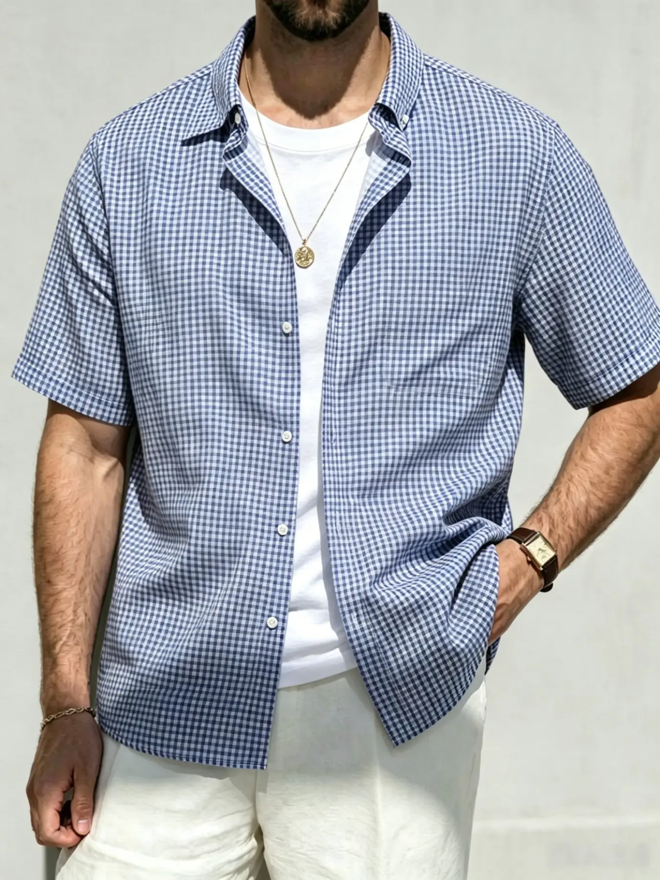 Summer Lightweight Men's Short Sleeve Checkered Plaid Shirt, Loose Fit Casual Button Down, Breathable Vacation Office Daily Wear, Trendy Fashion Top