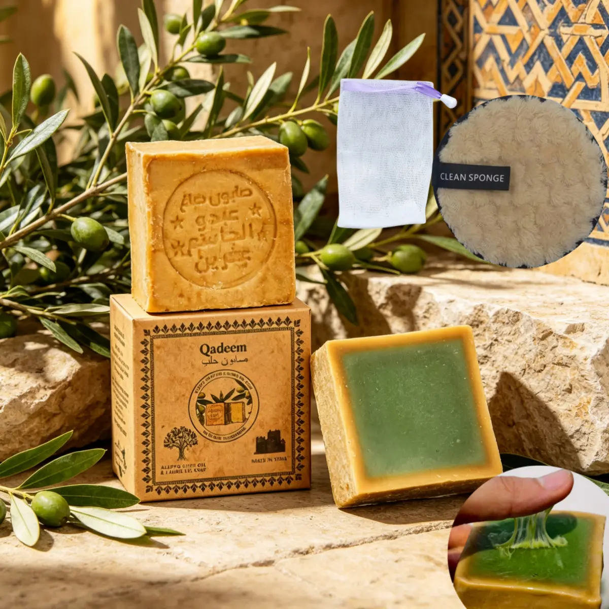 Syrian Ancient Soap, Handmade Natural Olive Oil Soap, Multi-Purpose Deep Cleansing & Oil Control, Face Wash, Bath, Hair Care, Free Bubble Net & Face Brush