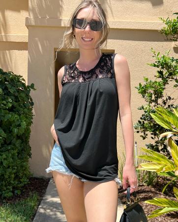 WIHOLL Summer Tank Tops for Women Loose Fit Pleated Tunics Scoop Neck Sleeveless Lace Tops Curved Hem Flowy