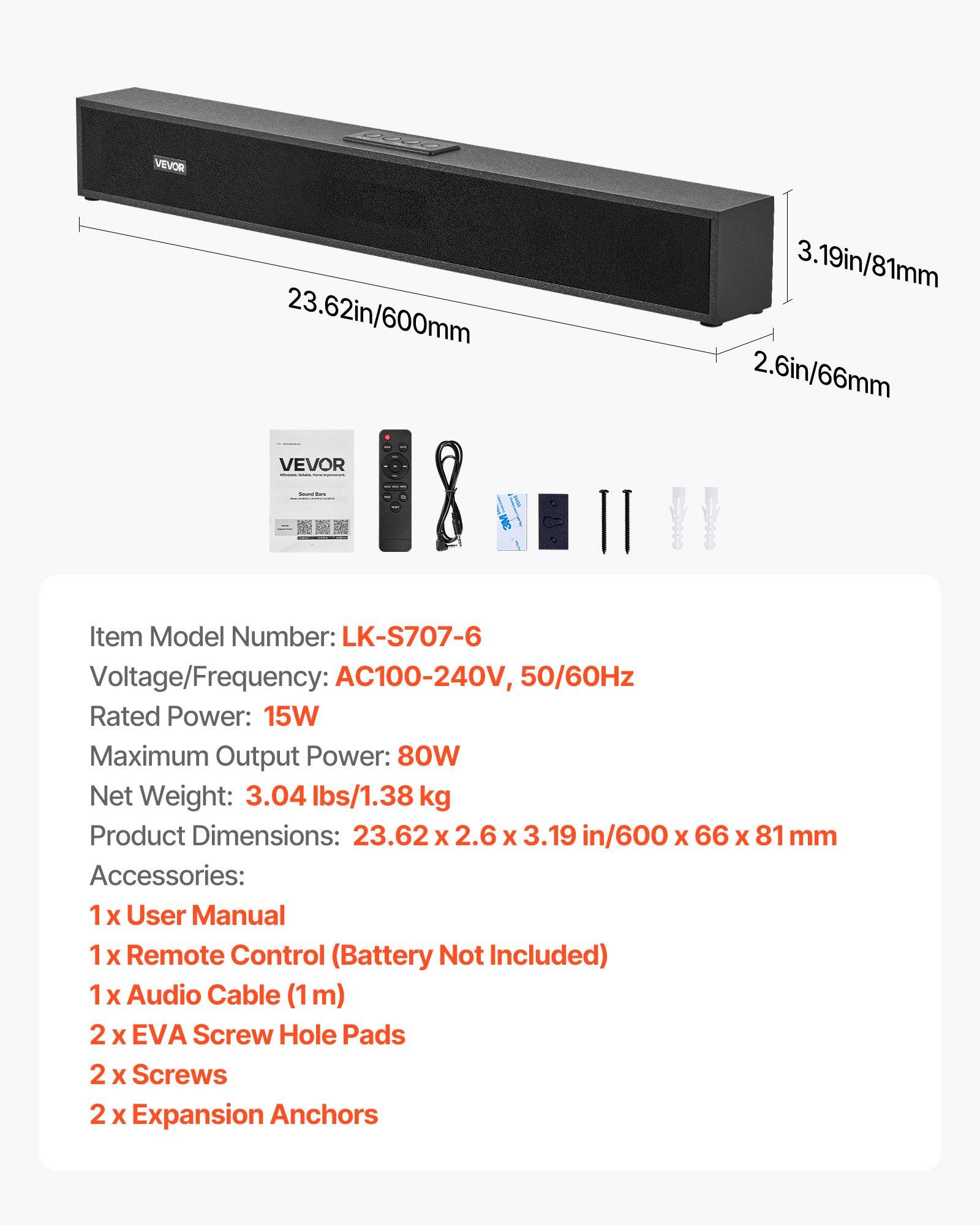 【Father's Day gift】VEVOR Sound Bar for Smart TV, 2.0 Channel, 24-Inch Compact Soundbar TV Speakers for Projector, Bluetooth AUX Connection, Remote Control, Easy Setup, 80W Surround Sound System for PC Home Theater AudioSummervibes 【Father's Day gift】VEVOR Sound Bar for Smart TV, 2.0 Channel, 24-Inch Compact Soundbar TV Speakers for Projector, Bluetooth AUX Connection, Remote Control, Easy Setup, 80W Surround Sound System for PC Home Theater AudioSummervibes