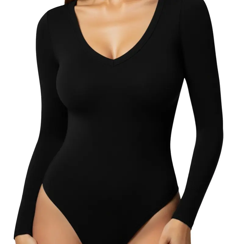 Women's Seamless V-Neck Long Sleeve Stretchy Bodysuit - Casual Daily Basic Layer Top with Convenient and Secure Fastening, Tucked-In Look for Work, Easy to Pair with Jeans