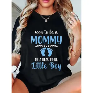 Soon to Be A Mommy Of A Beautiful Little Pregnancy Announcement T-Shirt Black with Blue Text & Footprints Print, Casual Round Neck Maternity Top, Machine Washable Comfort Fit for Women, Maternity Clothes