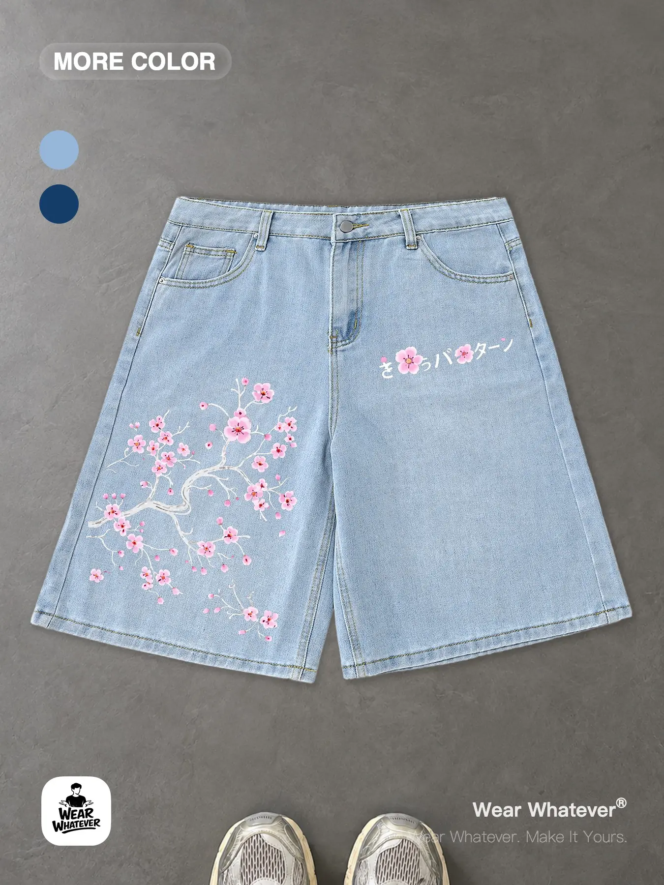 Wear Whatever Unisex Floral Graphic Denim Bermuda Shorts, Loose Fit Washed Jean Shorts with Cherry Blossom Branch Design for Men Women Streetwear, Festival and Summer Casual Looks, Comfy Summer Shorts