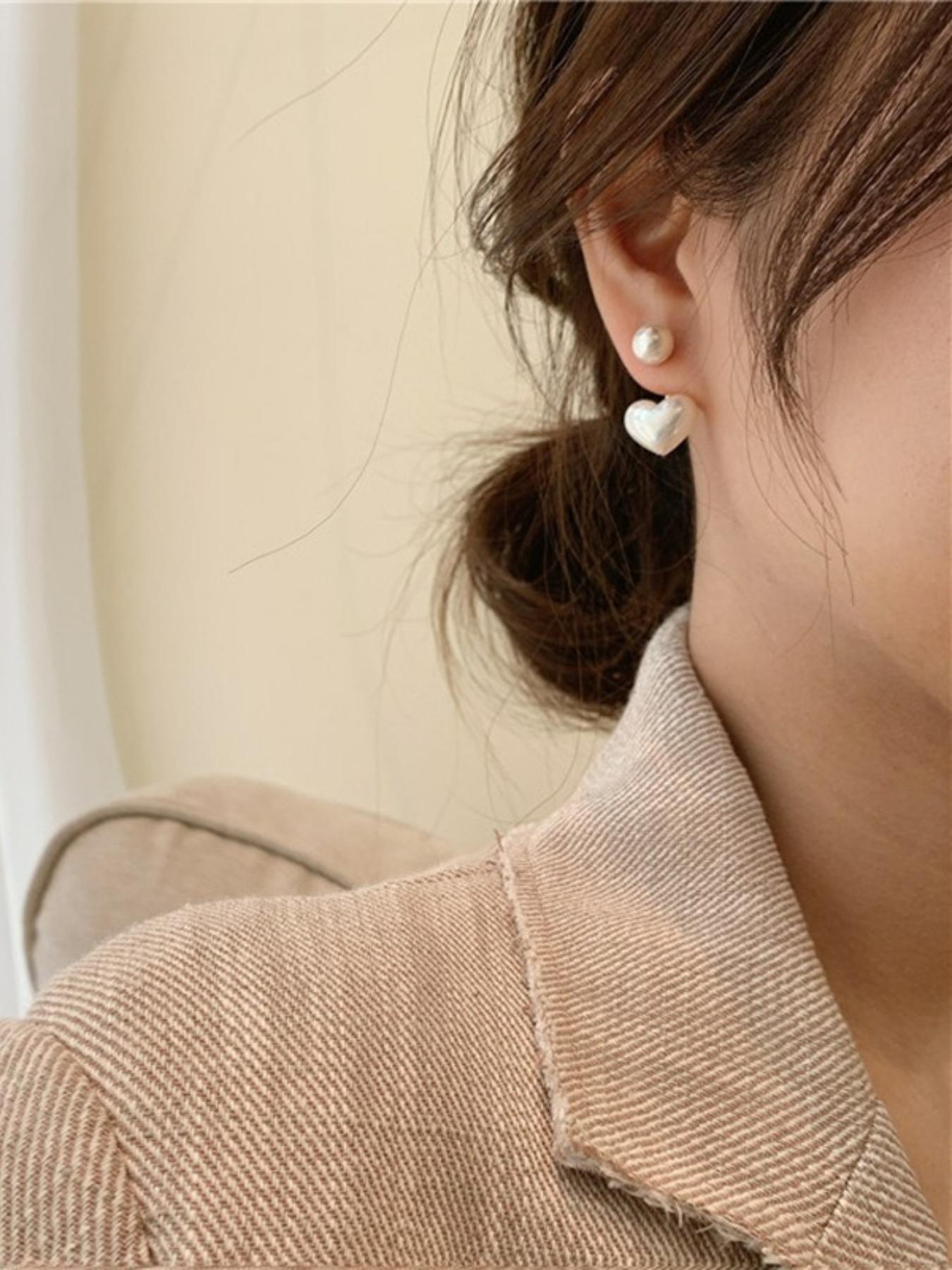 Faux Pearl Heart Design Dangle Earrings, Dangling Earrings, High Quality Earrings, Heart Shaped Earrings, Elegant Jewelry for Women, Trendy Jewelry Gift for Party and Daily Life, Minimalist Aesthetic Jewelry Gift, Dainty Fashion Jewelry