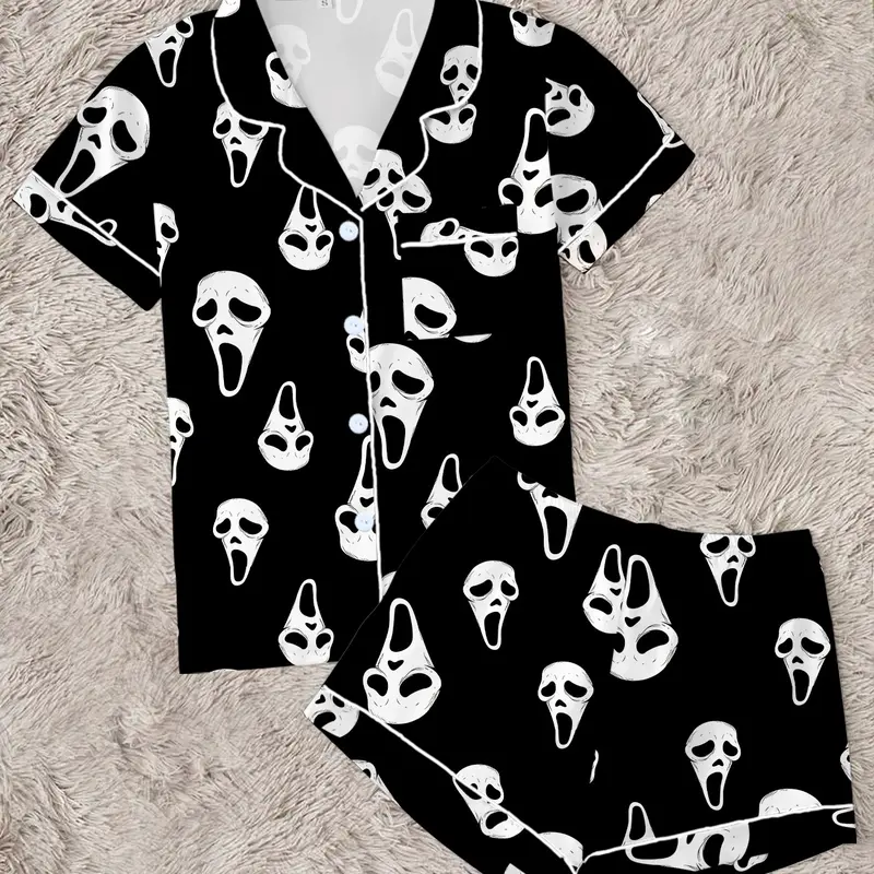 Women's Halloween Skull Print 2-Piece Pajama Set, Cute Cartoon Sleepwear Loungewear, Short Sleeve, Casual Fitted Above Knee, Perfect Gift