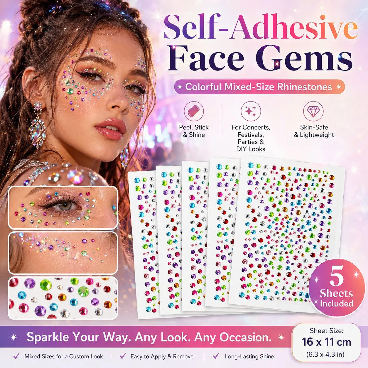 Self-Adhesive Face Gems, Colorful Sparkling 3D Rhinestone Stickers with Mixed-Size Peel-and-Stick Jewels for Face, Eyes, Hair, Body, Nails and DIY Crafts, Concert, Music Festival, Rave, Party, Cosplay and Stage Makeup Accessories