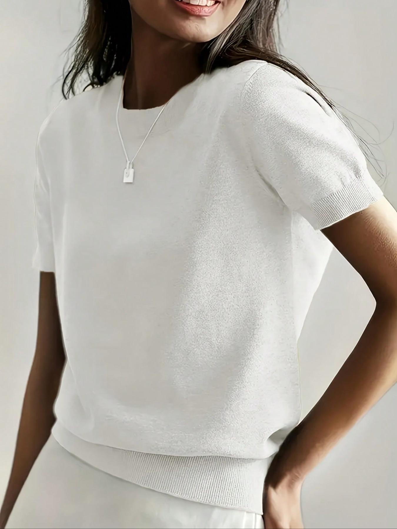Women's Solid Color Crew Neck Short Sleeve Lightweight Loose Sweater, Casual Basic Minimalist Knit Pullover for Spring & Fall, Fashion Women's Knitwear for Daily Wear, Womenswear Women's Solid Color Crew Neck Short Sleeve Lightweight Loose Sweater, Casual Basic Minimalist Knit Pullover for Spring & Fall, Fashion Women's Knitwear for Daily Wear, Womenswear