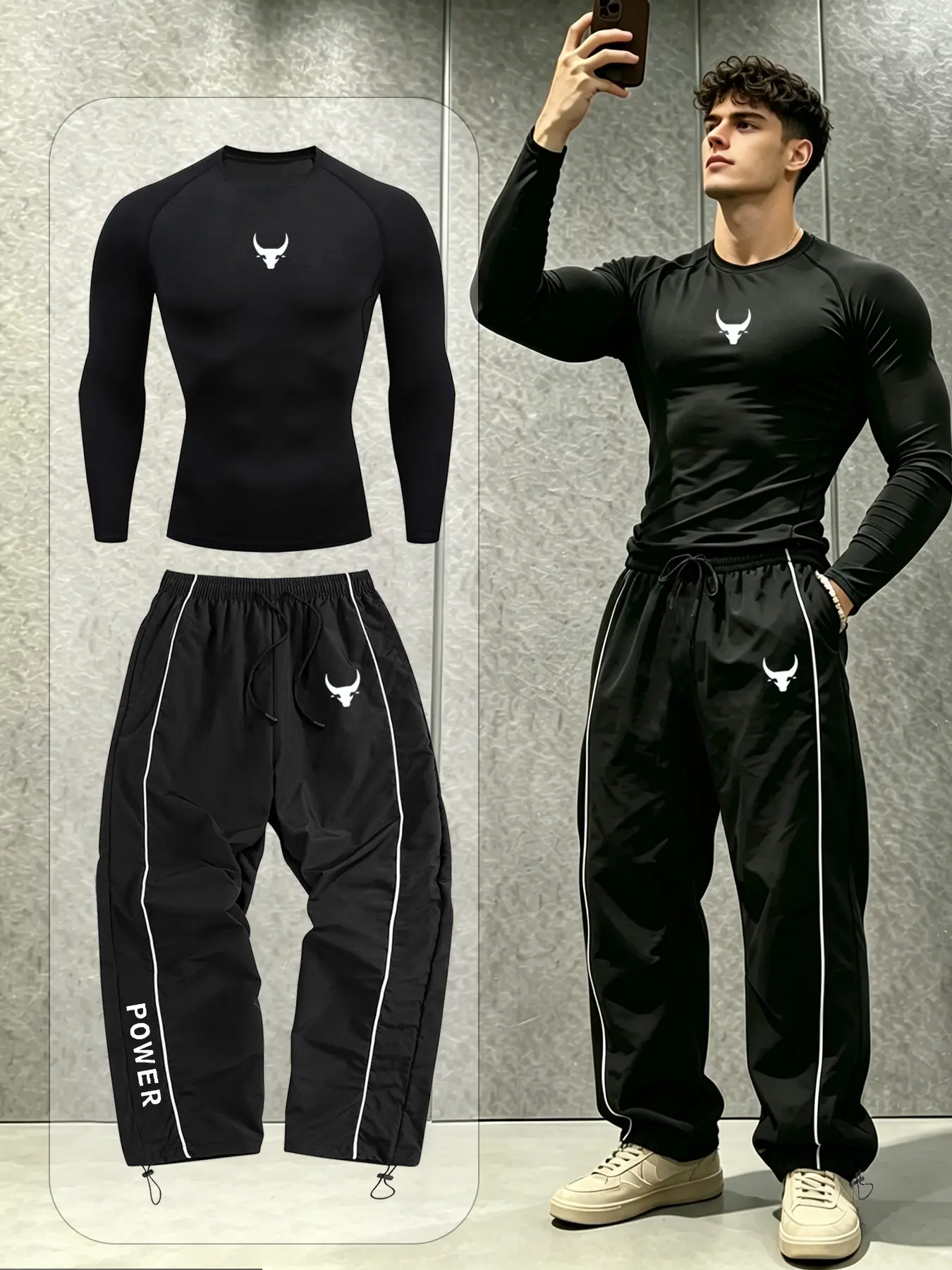 Men's Sporty Fitted Long Sleeve Training Set, Bull Print Top, Breathable Quick-Dry Pants, All Seasons Outdoor Fitness Gear