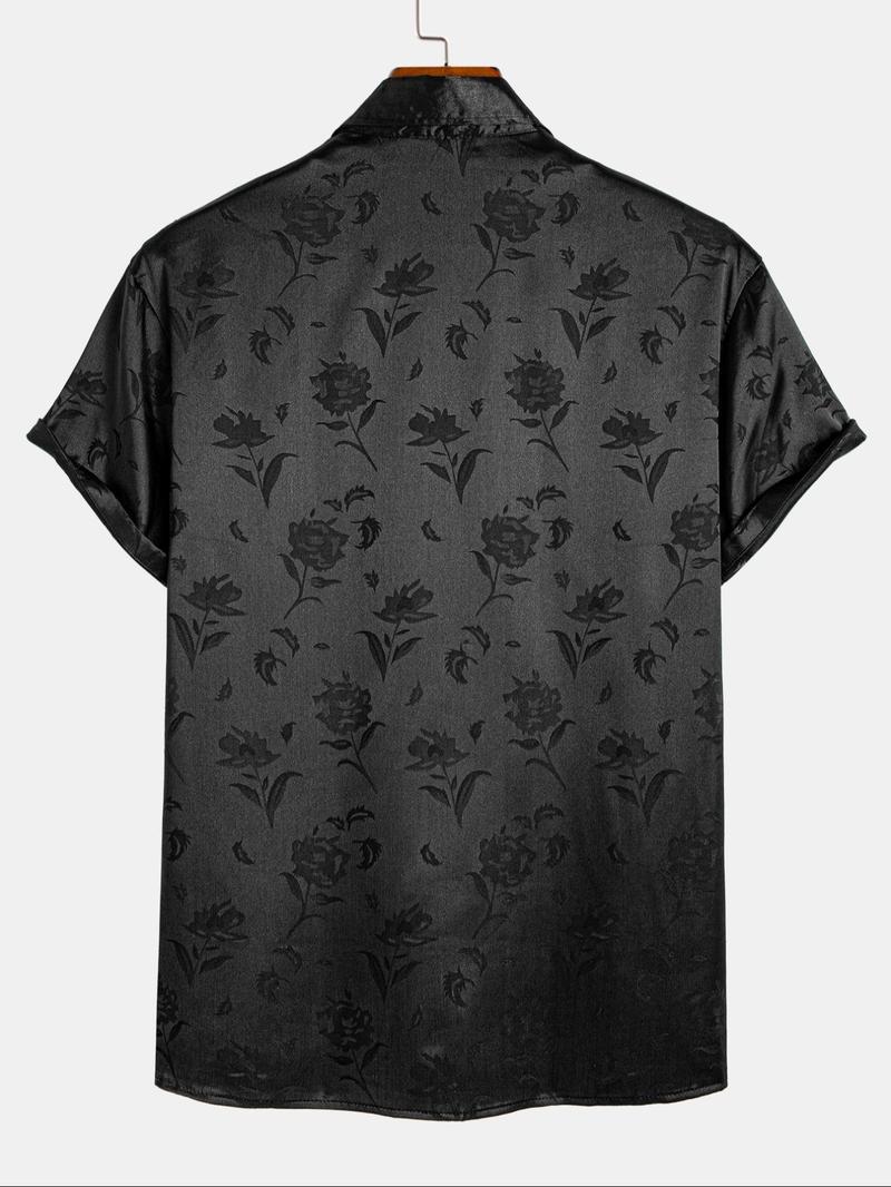 Men's Rose Print Jacquard Shirt, Regular Fit Short Sleeve Collared Top for Summer, Fashion Men's Clothes for Daily Wear, Casual Stylish Menswear