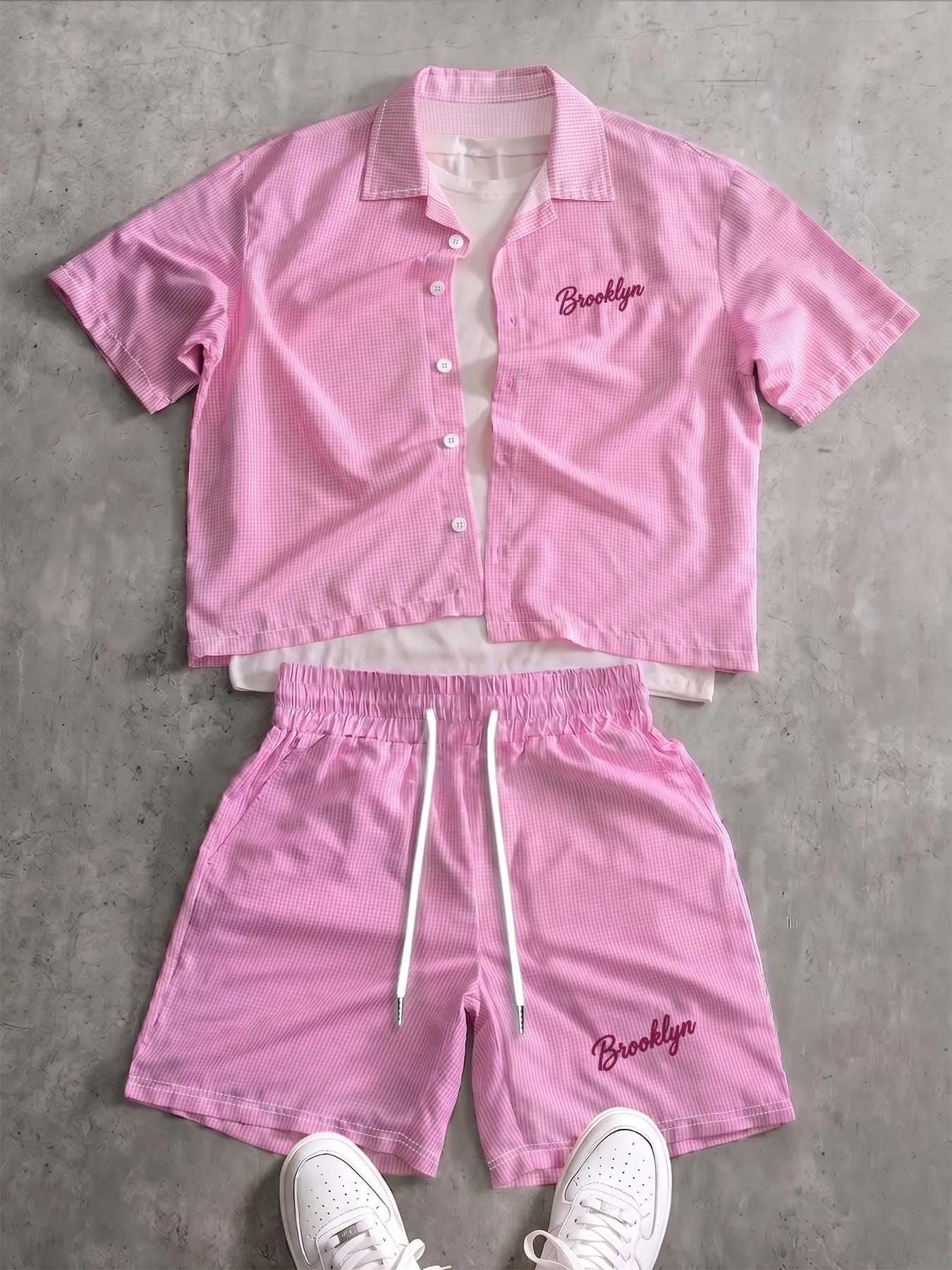 2-Piece Unisex Plaid Set, Striped Short Sleeve Shirt & Elastic Waist Shorts, Millennial Casual Home Wear Vibe, Ideal for Vacation & Daily Outing