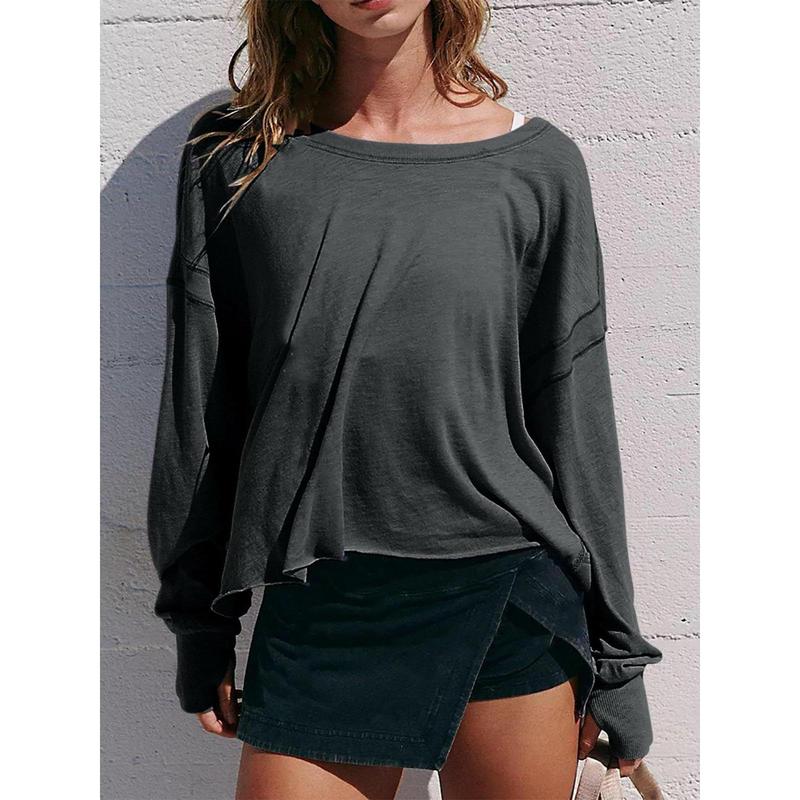 Njfdseo Women's backless long-sleeved shirt, casual sports top, fashionable sporty cropped T-shirt, layered shirt, loose basic style, plus size, minimalist, short length, versatile for everyday wear, V-neck.