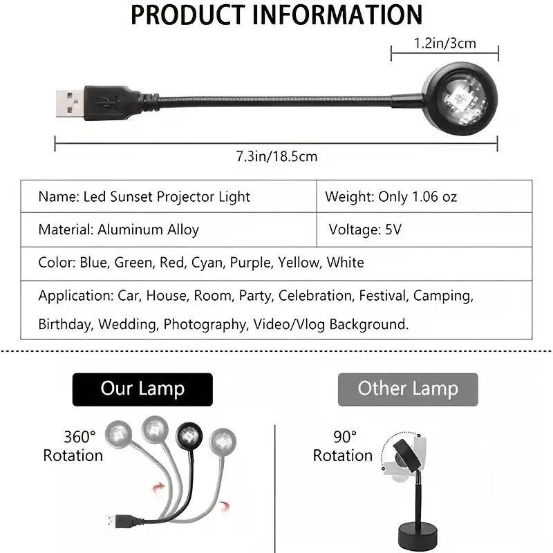 USB Powered 7 Colors LED Selfie Light, Portable USB Selfie Ambient Light, LED Sunset Projector Night Light, Selfie Background Light