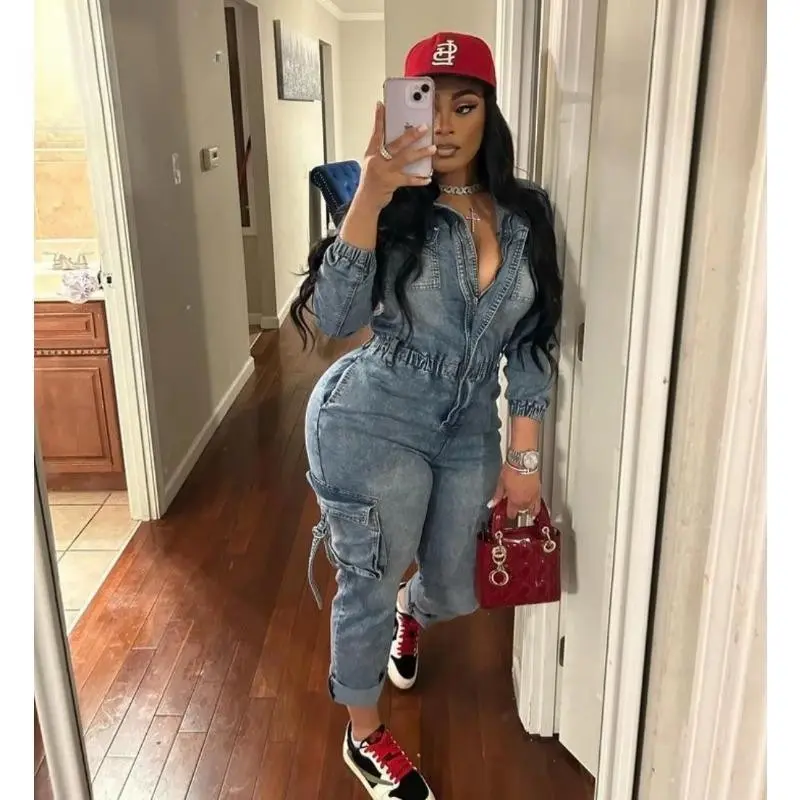 Women'sDenimJumpsuitwithPocketsElasticforWork&StreetCasualWearTightStraightLegAutumnWinterFashionStretchDenimCargoPantsJumpsuit