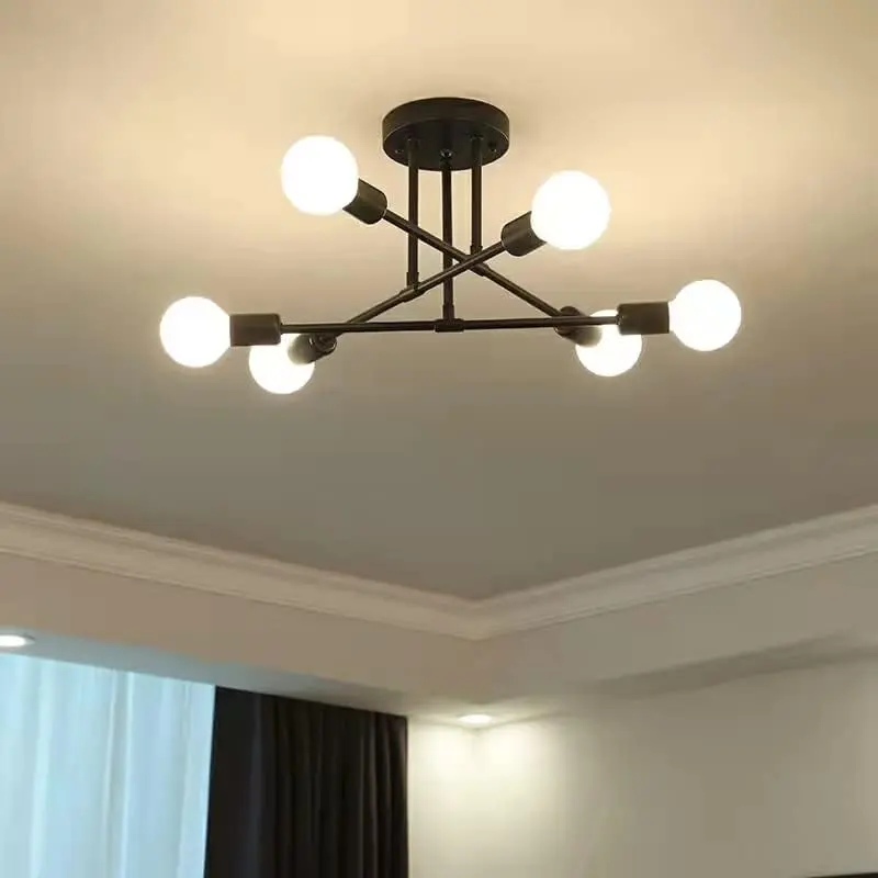 Semi Flush Mount Ceiling Light Fixture, Modern Sputnik Chandelier, 6 Lights Modern Sputnik Chandelier Ceiling Lamp with E26 Bulb Base, Light Fixtures Ceiling Mount for Living Room (Black)