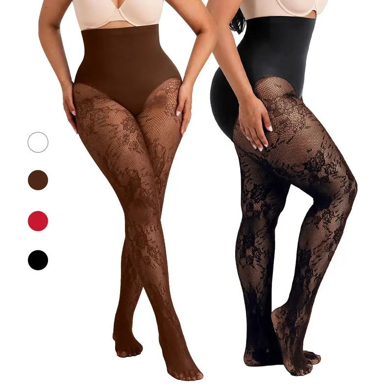 Women‘s High-Waist Shaping Tights with Floral Lace, Light Control Tummy Support Pantyhose, Anti-Slip Waistband & Breathable Mesh for Daily Wear