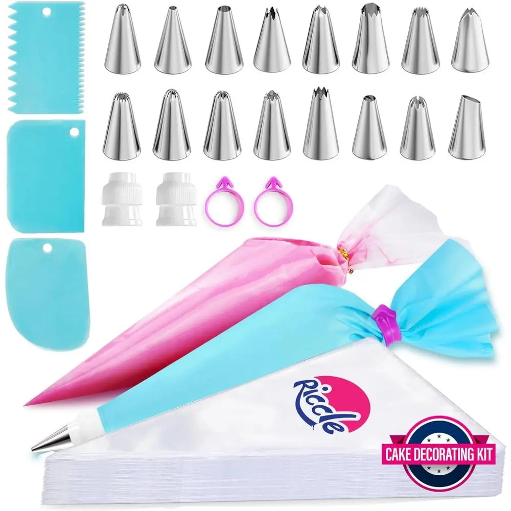 124-Pcs Stainless Steel Icing Piping Kit with 11.8in Disposable Anti-Burst Silicone Bags, 16 Tips, 1 Reusable Pastry Bag, 3 Cake Scrapers, 2 Couplers, 2 Ties for Home Cake Decorating