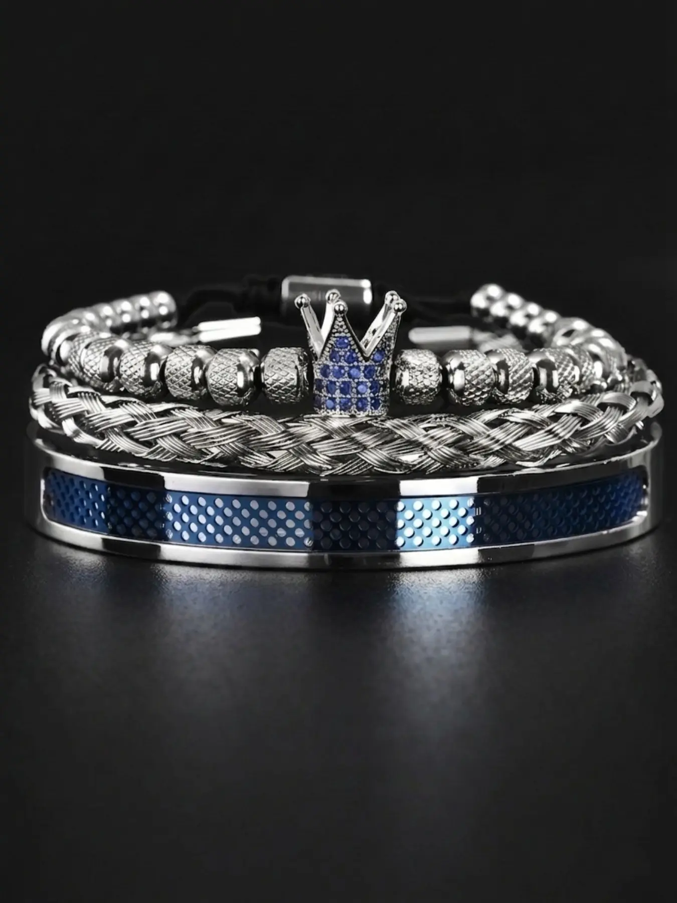 Men's Luxury Handmade Crown Bracelet, Colorblock Stainless Steel Open Cuff, Braided Blue Zircon Crown Bracelet, Elegant Jewelry Bracelet, Perfect Gift for New Year and Valentine's Day
