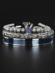 Men's Luxury Handmade Crown Bracelet, Colorblock Stainless Steel Open Cuff, Braided Blue Zircon Crown Bracelet, Perfect Gift for New Year and Valentine's Day