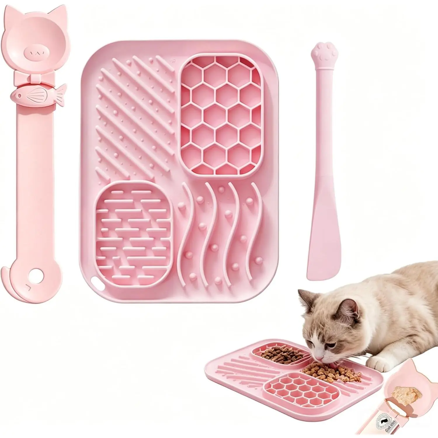 3-Piece Slow Feeder Cat Bowl Set, Silicone Cat Lick Mat, Cat Treat Dispenser & Food Spoon for Wet Food, Slow Eating & Daily Cat Enrichment (Pink)