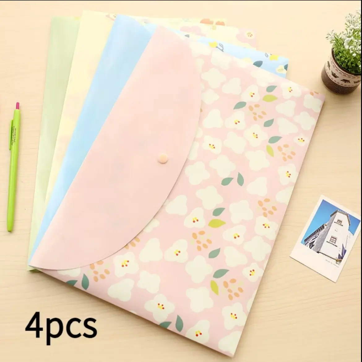 4-Pack Cute Floral A4 File Bags, Transparent PVC Snap Closure Folders, Student Office Creative Storage, Pastel Flower Pattern