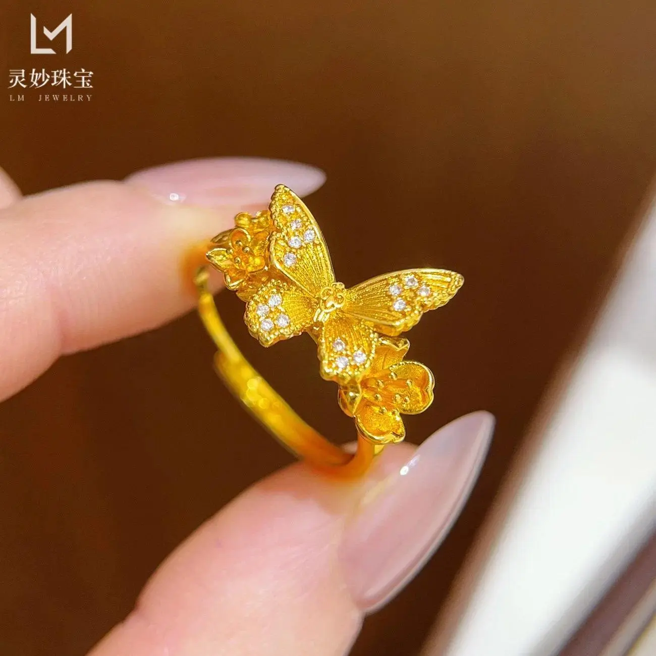 Free Size Flower & Butterfly Adjustable Ring For Women 24K Gold AU999, Flexible size fits all finger shapes