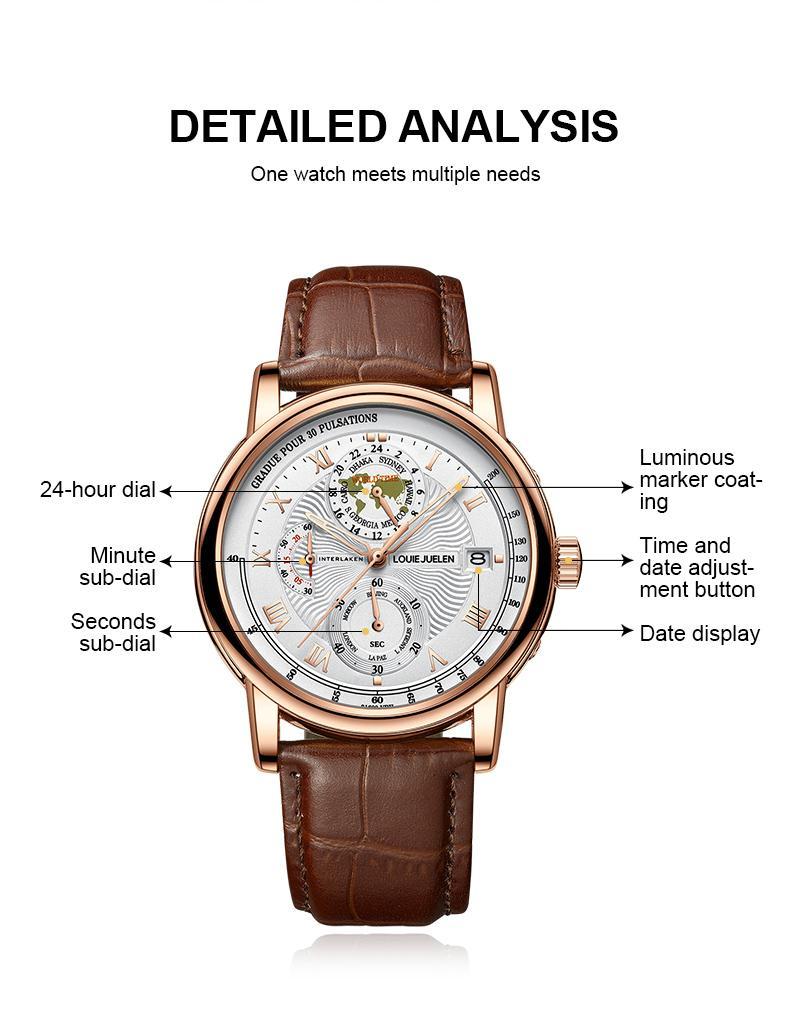 Men's Navigator high-end fashion watch: Swiss original movement, 42mm dial, leather strap, stainless steel case, waterproof luminous function, scratch and knock resistant, suitable for parties, business meetings, casual wear.