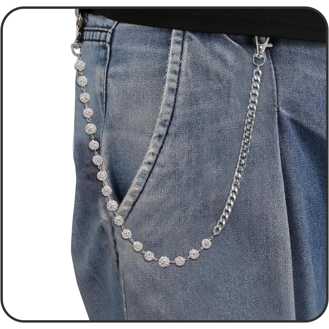 Hop Wallet Chain for Men Jeans Pocket Belt Layered Chain Disco Rhinestone Beads Baseball Drip Punk  Gifts Goth Accessories for Men