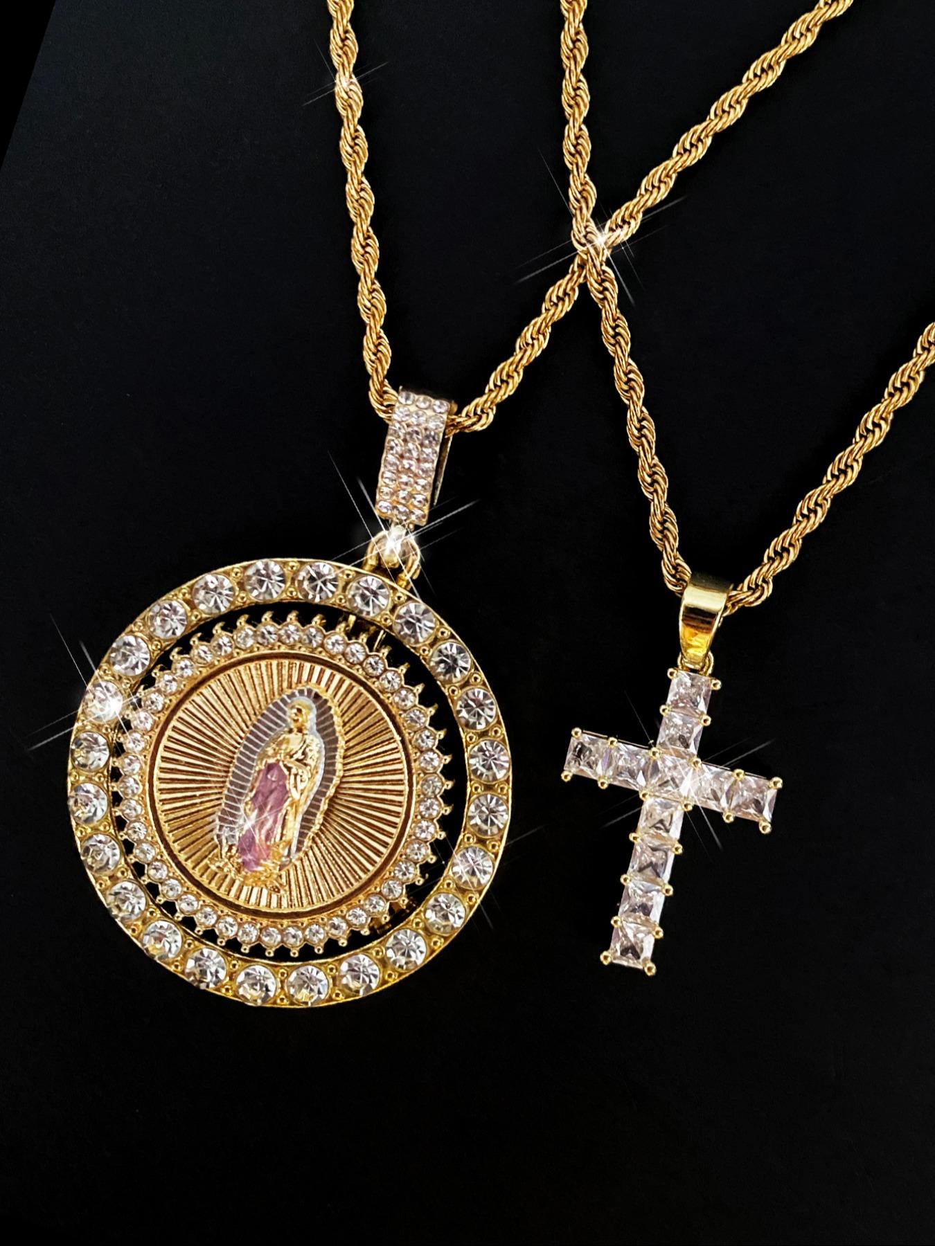 Virgin Mary Pendant Rope Chain & Cross Pendant Necklace, Rhinestone Decor Layered Necklace, Fashion Jewelry Accessories for Women & Men, Cross Necklaces