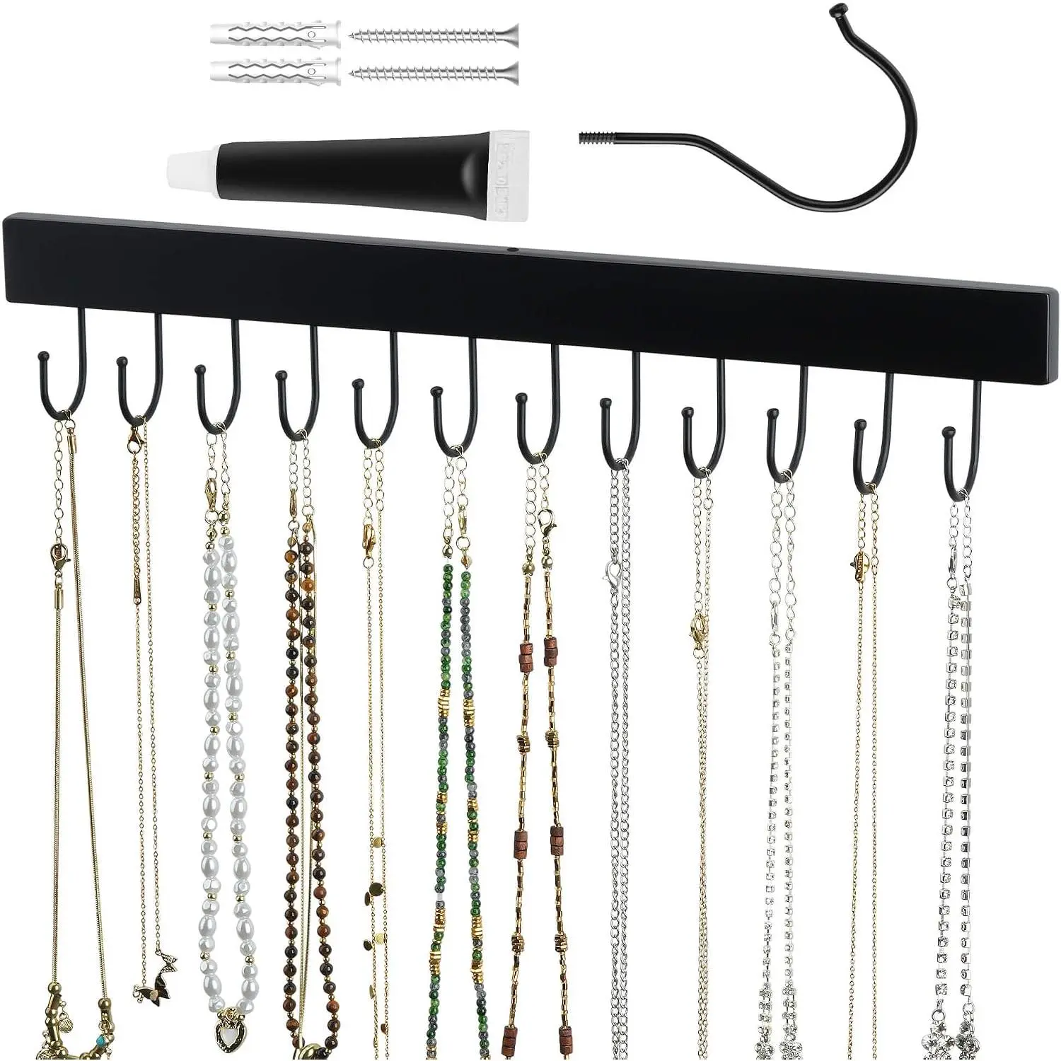 Necklace Organizer Wall Mount, Wooden Self-Adhesive  Hanger with 12 Adjustable Hooks,  Holder for Necklace, Belts,  Tops, Bras, Black