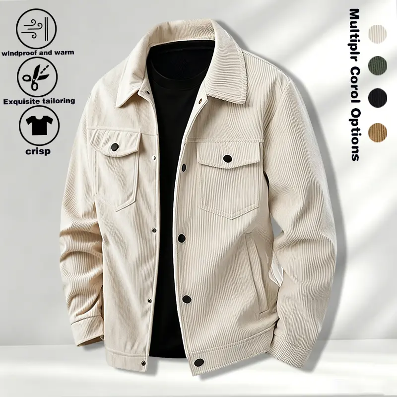 American retro corduroy jacket, men's youth double pocket lapel workwear jacket, trendy loose casual top