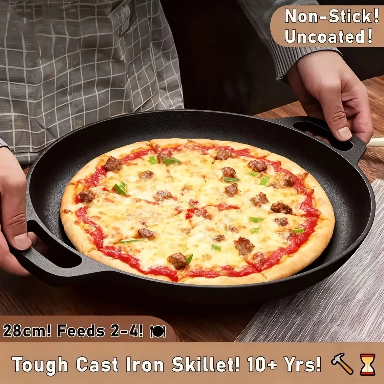 1/2/3 Pcs Pre-Seasoned Cast Iron Pan, Non-Stick Even Heating Durable, Compatible with All Stoves, for Home Kitchen, Outdoor Cooking, Pizza Lovers