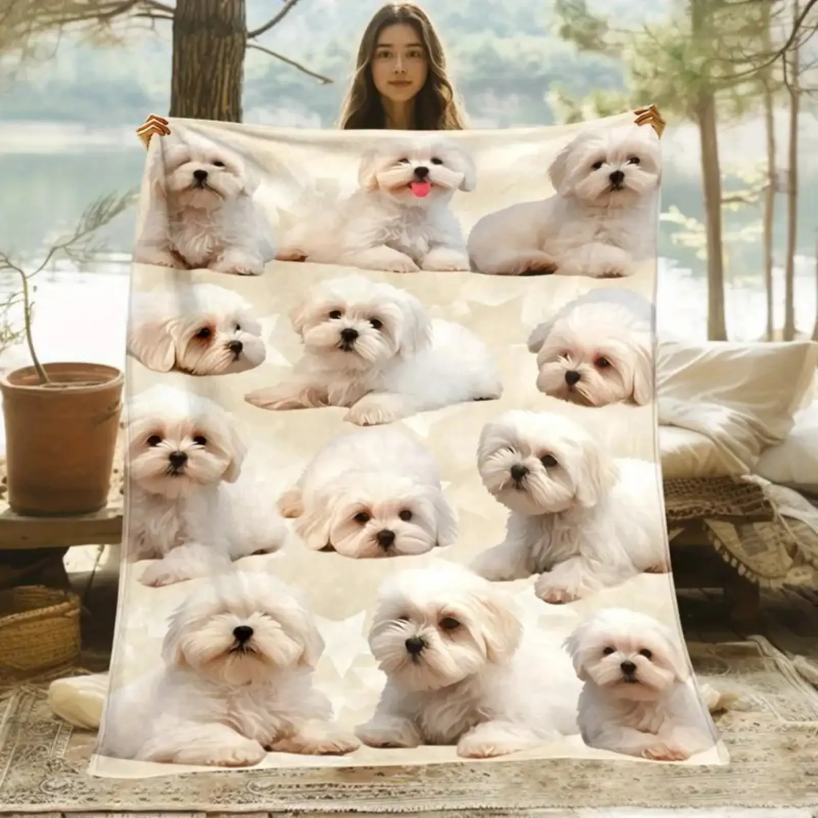 1Pc Cozy White Fluffy Dog Blanket - Adorable Puppy Face Animal Character Design, Soft Plush Flannel Throw, Lightweight All-Seasons Cozy Setup, Machine Washable Warm Cover for Small Dogs, Sofa & Bed Use