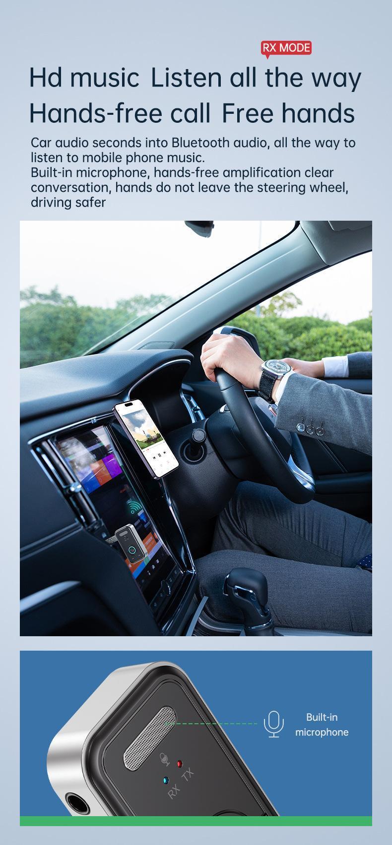 Bluetooth 5.3 Audio Adapter for Car , aux bluetooth，Music Streaming,Wireless Audio Receiver for Hands-Free Calling & Compact Fast Charging Long Standby