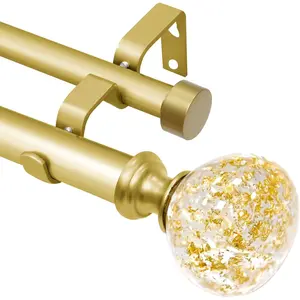 Gold Heavy-Duty Adjustable Double Curtain Rod (28-48 in) with Gold Foil Resin Finials, Durable Adjustable Curtain Rods for Bedroom, Dining Room Windows
