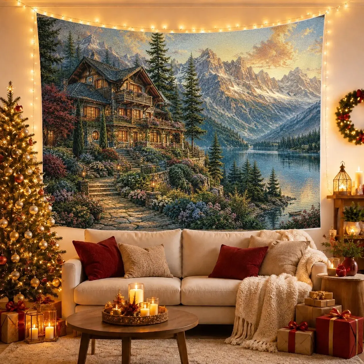 Mountain Cabin by a Lake with Alpine Forest in Evening Light, Serene Rustic for Nature Lovers, Scenic Landscape Artwork, Housewarming Gift, Tapestry Wall Hanging for Living Room and Bedroom