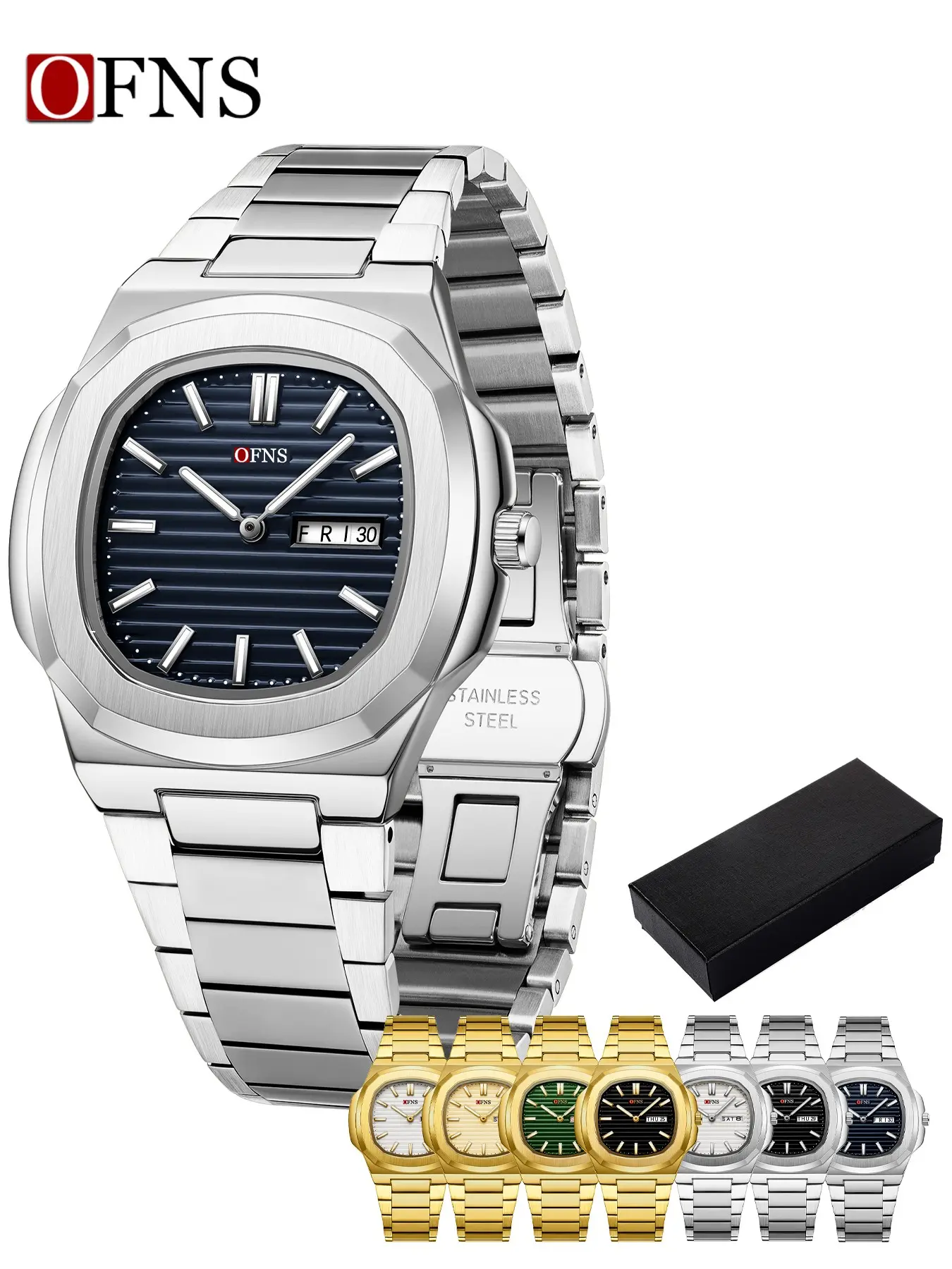 Ofns Quartz Watch, Thin Dual Calendar Waterproof Men's Wristwatch, Solid Steel Band Business Men's Watch, 44mm Round Face, Dial