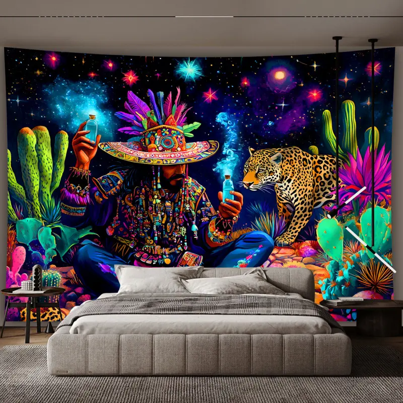1 Piece Extra Large Man Cheetah Glow-in-the-Dark UV Reactive Fluorescent Tapestry - Cotton Custom Print Home Decor Wall Hanging for Bedroom Office, Spooky Skeleton Aesthetic Fan Gift Accessory cool stuff for room