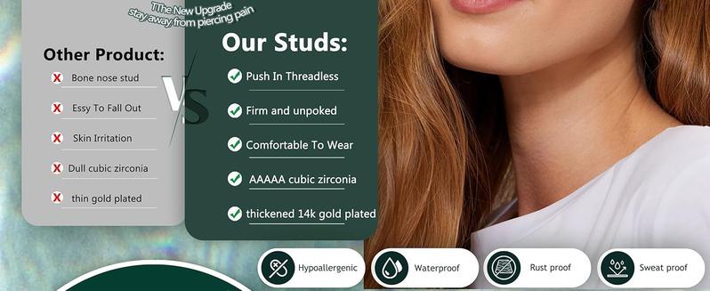 Threadless 14K Gold Plated Surgical Steel CZ Nose Rings Studs Hoops - Hypoallergenic Push-in Flat Back Nose Ear Cartilage Piercing Jewelry for Women Men