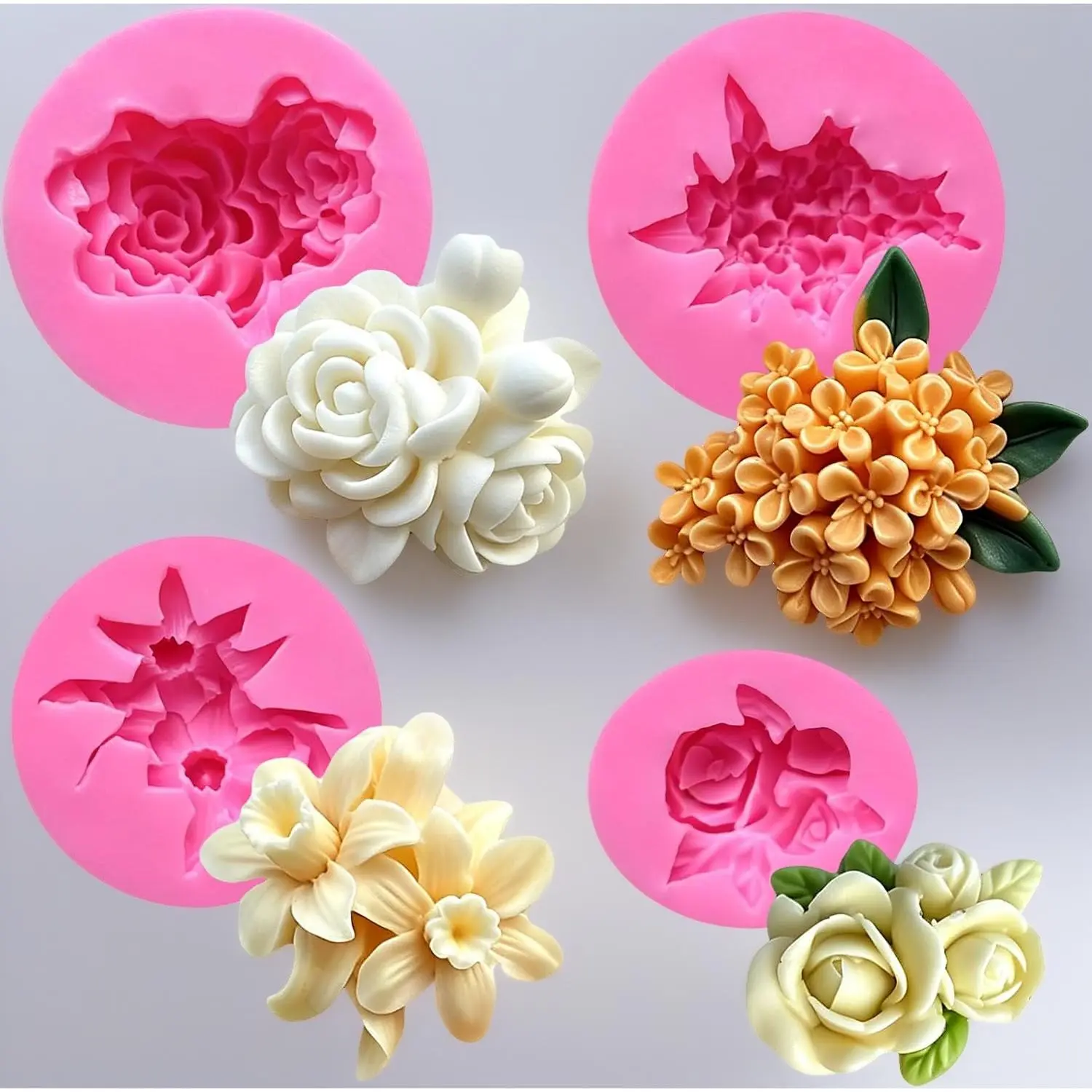 4 Pcs Flower Silicone Molds, Flower Candle Molds for Candle Making,3D Floral Silicone Resin Mold Rose Gardenia Fondant Mold for Chocolate Cake Decorating Soap Wax Resin Crafts