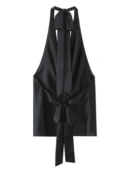 Women's Backless Satin Top, Loose-Fit Thin Fabric, Summer Sleeveless Blouse, Elegant Neckline Design, Perfect for Casual Wear